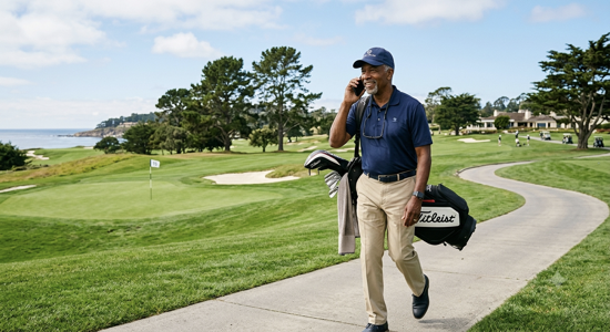Grandpa on cell phone on golf course
